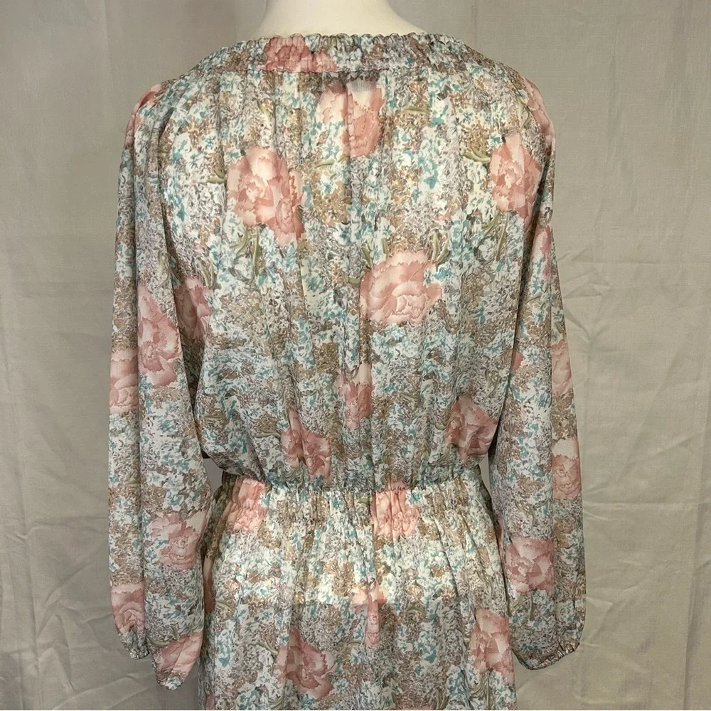Vintage 1970's Sheer Midi Dress Pullover Button Up Duster Kaftan Floral Size M - Picture 9 of 14